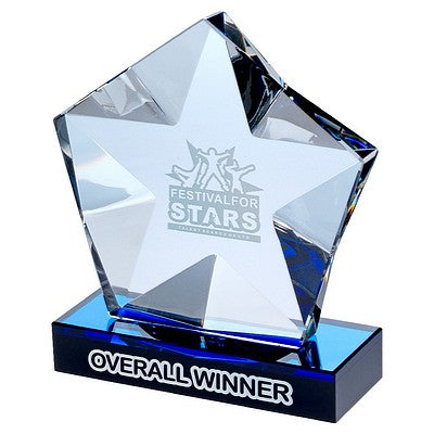 Clear Glass Pentagon Plaque With Star Detail On Black/Blue Base