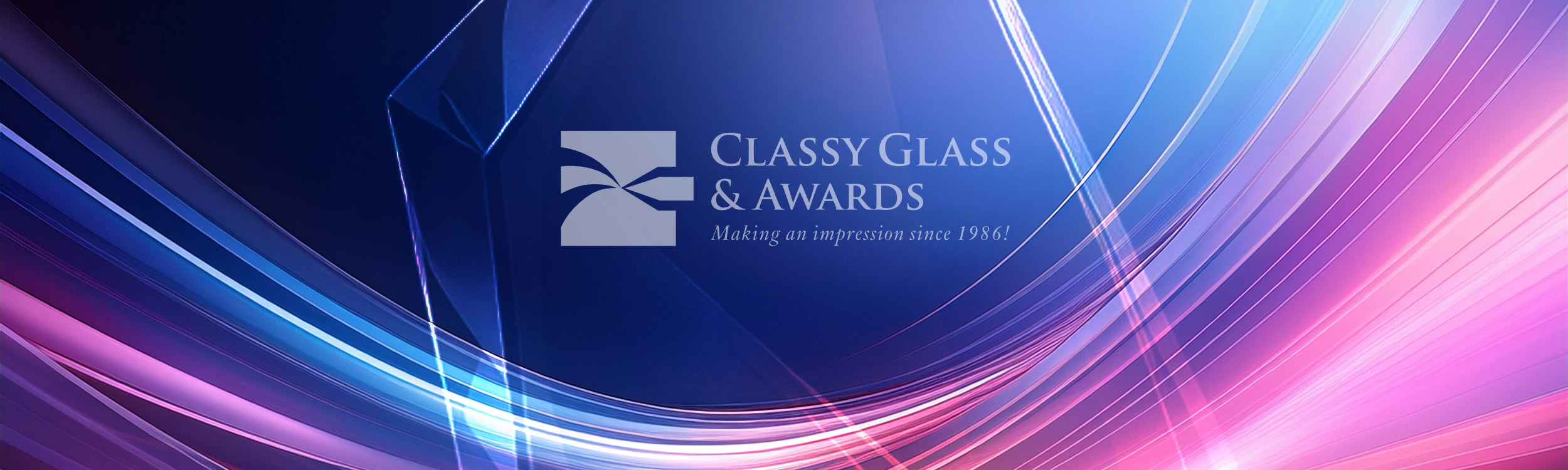 Classy Glass & Awards logo on a blue and pink abstract background