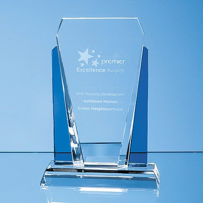 17.5cm Clear & Sapphire Blue Optical Crystal Sentinel Award