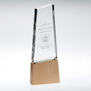 Clear Glass Block On Light Wood Base With Colour Flash (32mm Thick) - 10.25in
