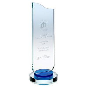 Clear Glass Plaque With Blue Collar On Round Base - 13.75in