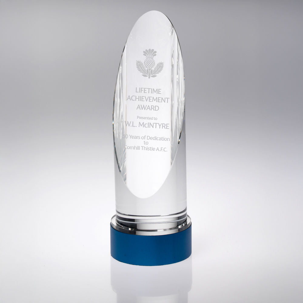 Clear Glass Round Column on Blue Metal Base (70mm Diameter)