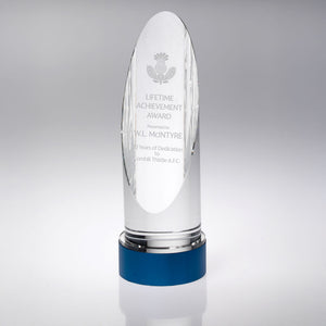 Clear Glass Round Column on Blue Metal Base (70mm Diameter)
