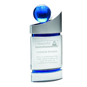 Clear/Blue Domed Glass Plaque With Blue Globe - 12in