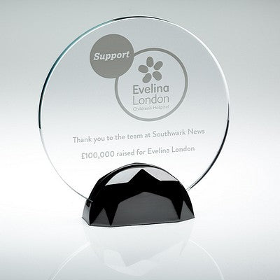 Clear Glass Round Plaque (10mm Thick) In Gun Metal Base