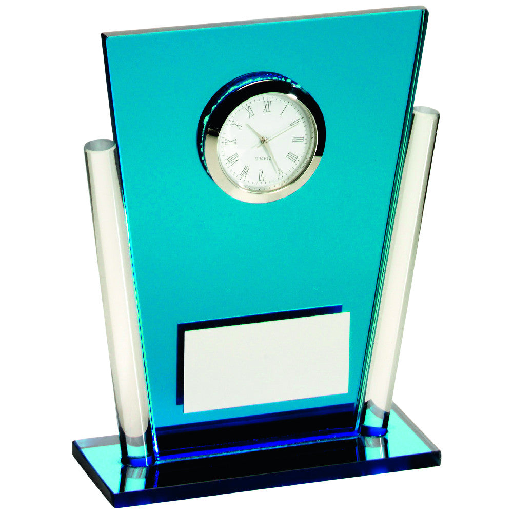Blue/Clear Glass Tapered Rectangle Clock With Plate - 5.25in