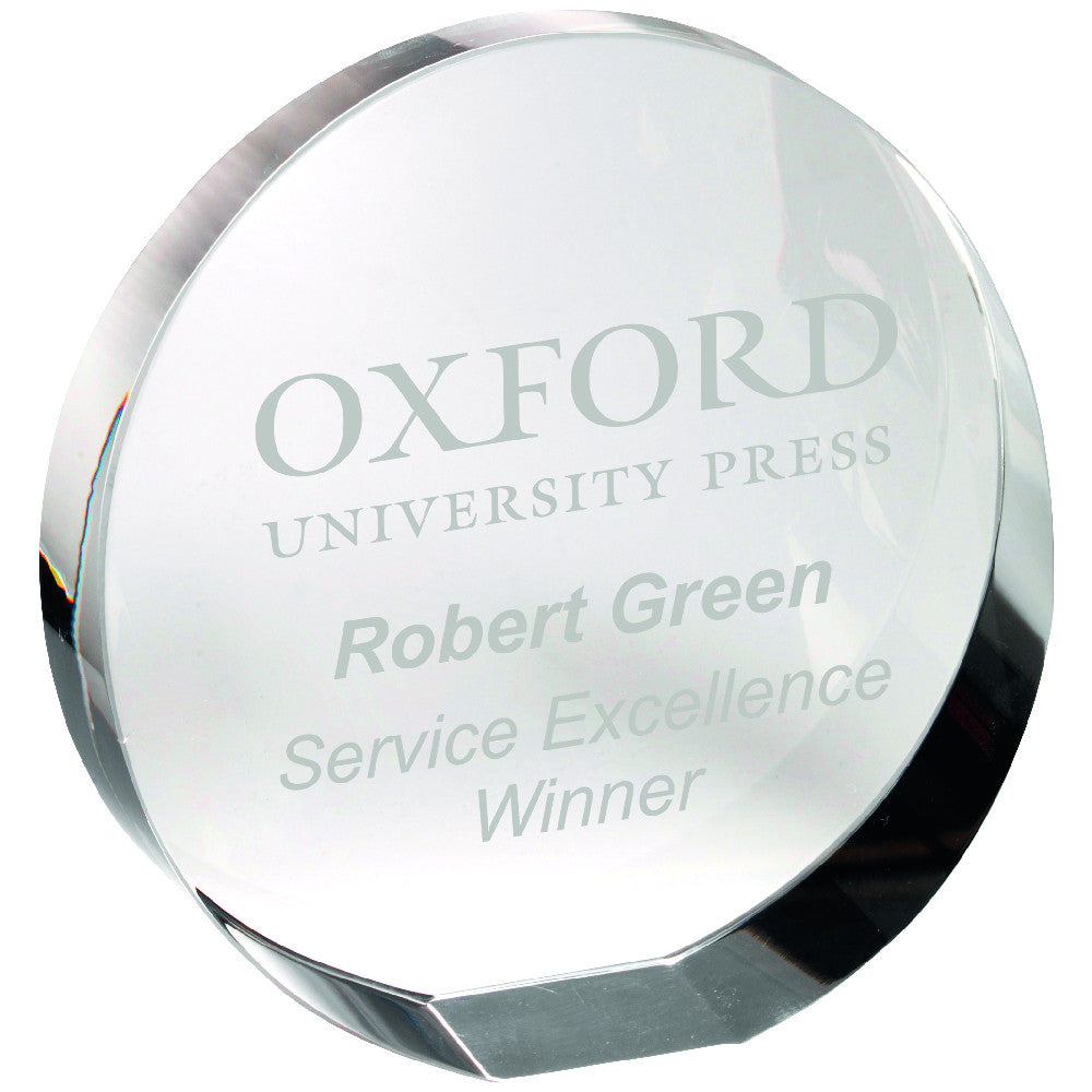 Clear Glass Round Wedged Paperweight            (Standing Or Flat)
