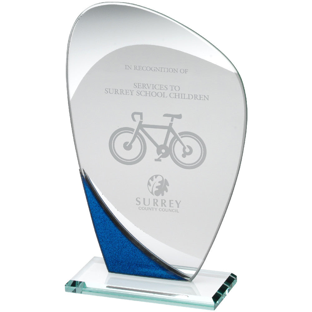 Jade Glass Curved Plaque With Blue/Silver Detail (4mm Thick)