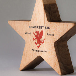 Wooden star-shaped award with printed text and logo on a gray background