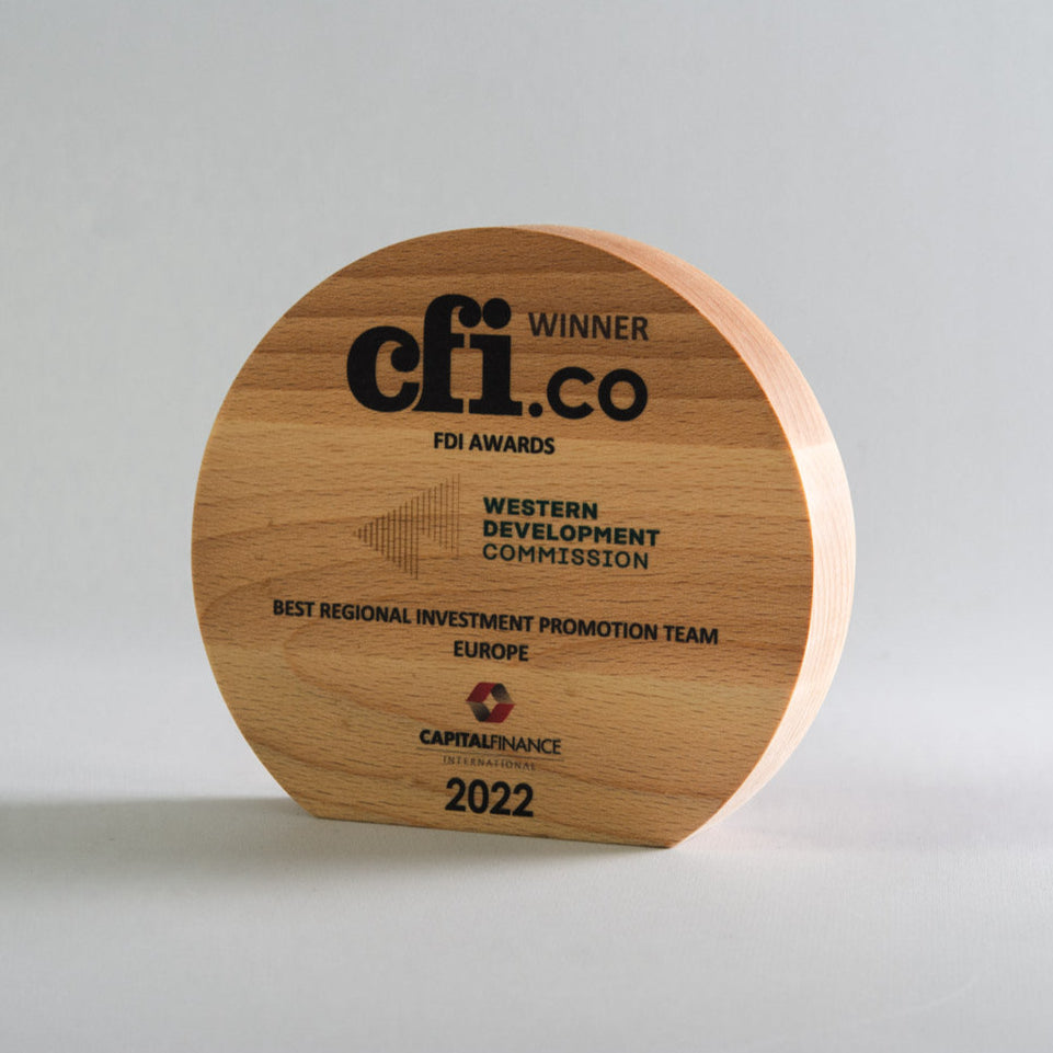 Wooden award with 'cfi.co' branding on a gray background