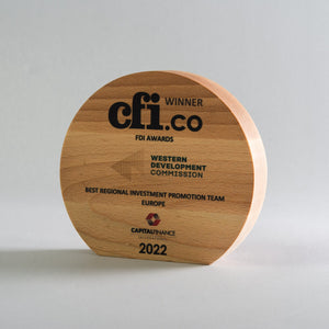 Wooden award with 'cfi.co' branding on a gray background