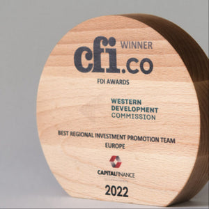 Wooden award with 'CFI.co' branding on a gray background