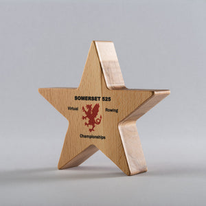 Wooden star-shaped award with printed text on a gray background